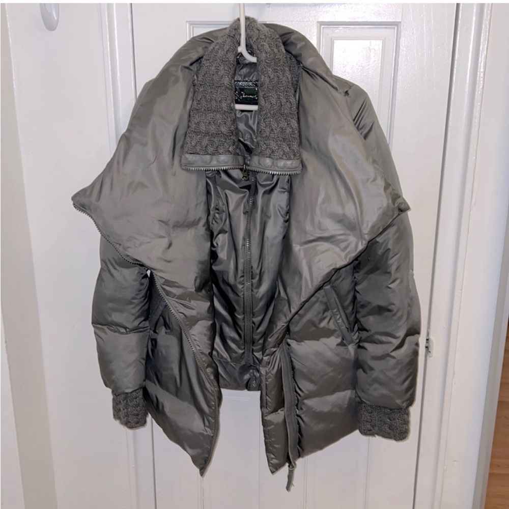 Gray mackage puffer jacket with knit detail